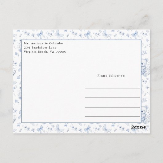 Dusty Blue Chinoiserie Teddy Bear en Bows Baby Briefkaart (Achterkant)
