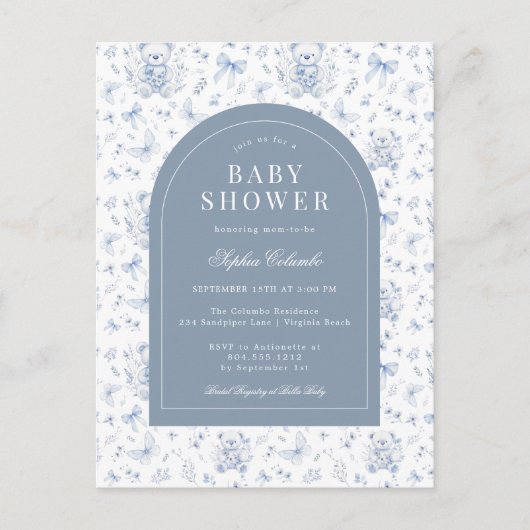 Dusty Blue Chinoiserie Teddy Bear en Bows Baby Briefkaart (Voorkant)