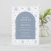 Dusty Blue Chinoiserie Teddy Bear en Bows Baby Kaart (Staand voorkant)