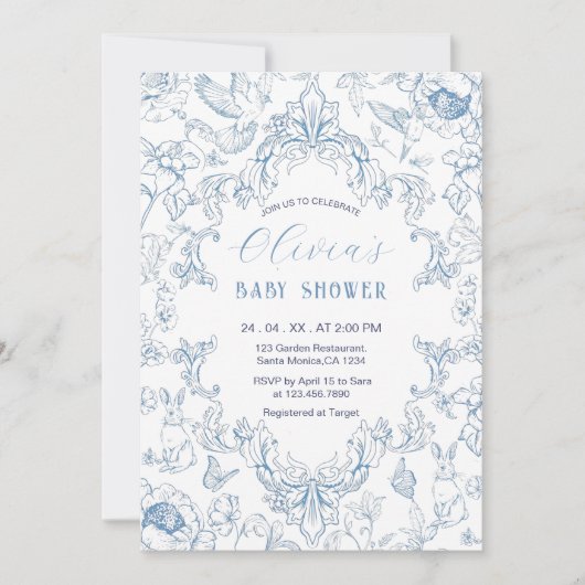  Dusty Blue Chinoiserie Toile Baby shower Kaart (Voorkant)