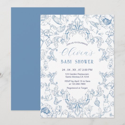  Dusty Blue Chinoiserie Toile Baby shower Kaart (Voorkant / Achterkant)