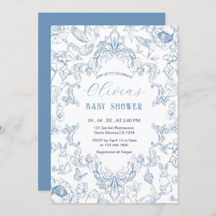 Dusty Blue Chinoiserie Toile Baby shower Kaart