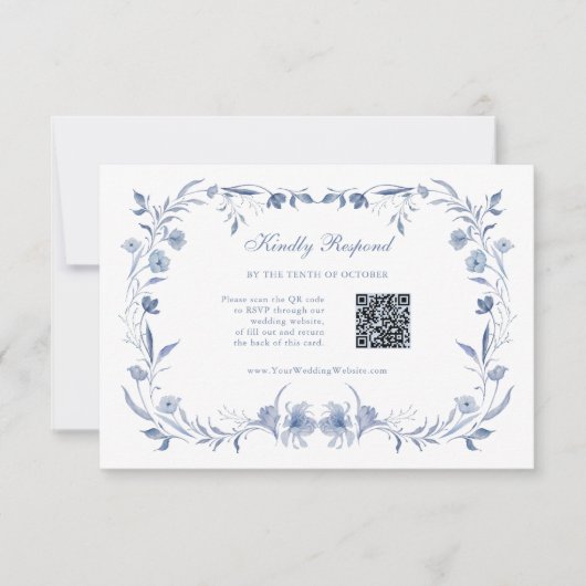 Dusty Blue Chinoiserie | Traditionele en QR-code RSVP Kaartje (Voorkant)