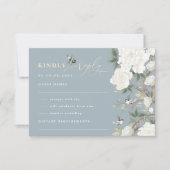 Dusty Blue Chinoiserie Vogel Pioen Bruiloft RSVP Kaart (Voorkant)