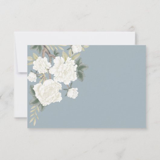 Dusty Blue Chinoiserie Vogel Pioen Bruiloft RSVP Kaart (Achterkant)