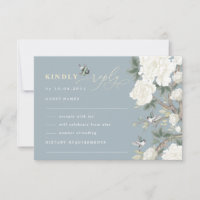 Dusty Blue Chinoiserie Vogel Pioen Bruiloft RSVP