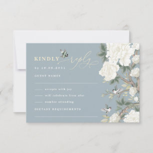 Dusty Blue Chinoiserie Vogel Pioen Bruiloft RSVP Kaart