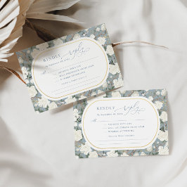 Dusty Blue Chinoiserie White Floral Wedding RSVP Kaart