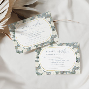Dusty Blue Chinoiserie White Floral Wedding RSVP Kaart