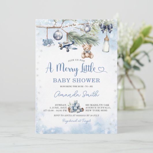 Dusty Blue Christmas Een vrolijk klein Baby shower Kaart (Staand voorkant)
