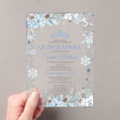 Dusty Blue Christmas Floral Snowflake Quinceañera Acryl Uitnodigingen (Insitu (Draagbaar))
