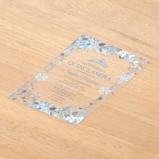 Dusty Blue Christmas Floral Snowflake Quinceañera Acryl Uitnodigingen (Laagn)