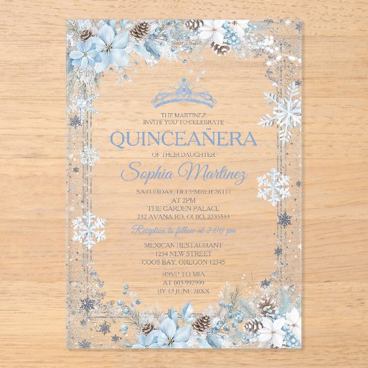 Dusty Blue Christmas Floral Snowflake Quinceañera Acryl Uitnodigingen (Voorkant)