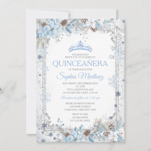 Dusty Blue Christmas Floral Snowflake Quinceañera Kaart (Voorkant)