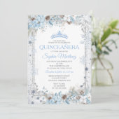 Dusty Blue Christmas Floral Snowflake Quinceañera Kaart (Staand voorkant)