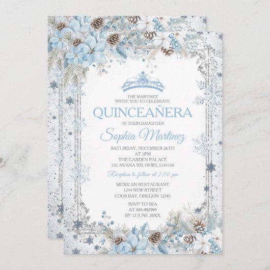 Dusty Blue Christmas Floral Snowflake Quinceañera Kaart (Voorkant / Achterkant)