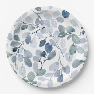 Dusty Blue Christmas Waterverf Leaf Design Papieren Bordje