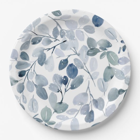 Dusty Blue Christmas | Waterverf Leaf Design Papieren Bordje (Voorkant)