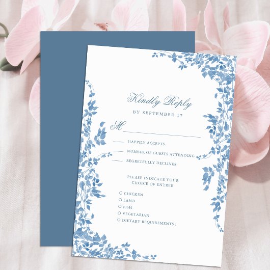 Dusty Blue Classic  Bloementuin Bruiloft RSVP Kaartje
