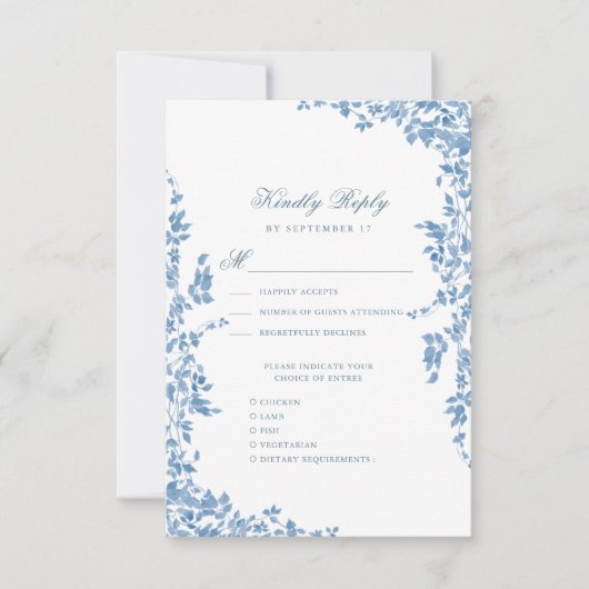 Dusty Blue Classic  Bloementuin Bruiloft RSVP Kaartje (Voorkant)
