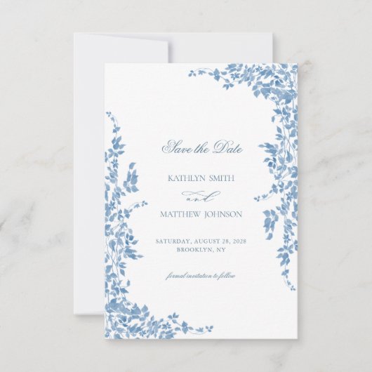 Dusty Blue Classic Bloementuin Bruiloft Save The Date (Voorkant)