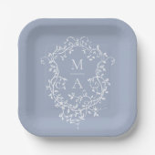 Dusty Blue Classic Floral Crest Monogram Huwelijk Papieren Bordje (Voorkant)