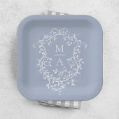 Dusty Blue Classic Floral Crest Monogram Huwelijk Papieren Bordje