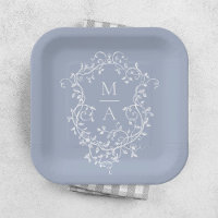 Dusty Blue Classic Floral Crest Monogram Huwelijk