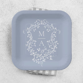 Dusty Blue Classic Floral Crest Monogram Huwelijk Papieren Bordje