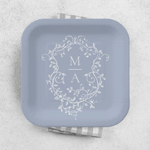 Dusty Blue Classic Floral Crest Monogram Huwelijk Papieren Bordje