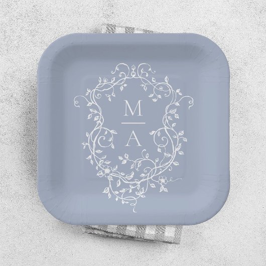 Dusty Blue Classic Floral Crest Monogram Huwelijk Papieren Bordje