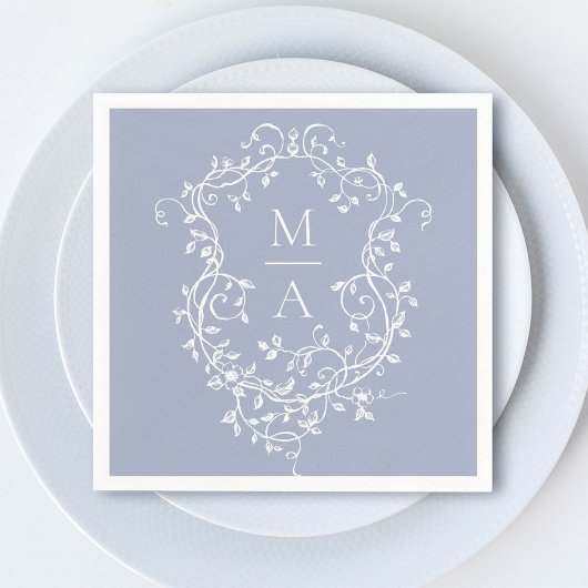 Dusty Blue Classic Floral Crest Monogram Huwelijk Servet
