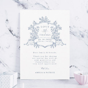 Dusty Blue Classic Floral Crest Trouwfoto Bedankkaart