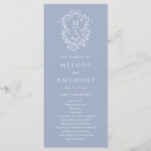 Dusty Blue Classic Floral Crest Wedding Ceremony Programmakaart (Voorkant)