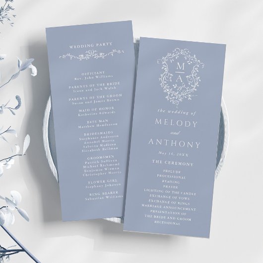 Dusty Blue Classic Floral Crest Wedding Ceremony Programmakaart