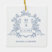 Dusty Blue Classic Floral Crest Wedding Photo  Keramisch Ornament (Voorkant)