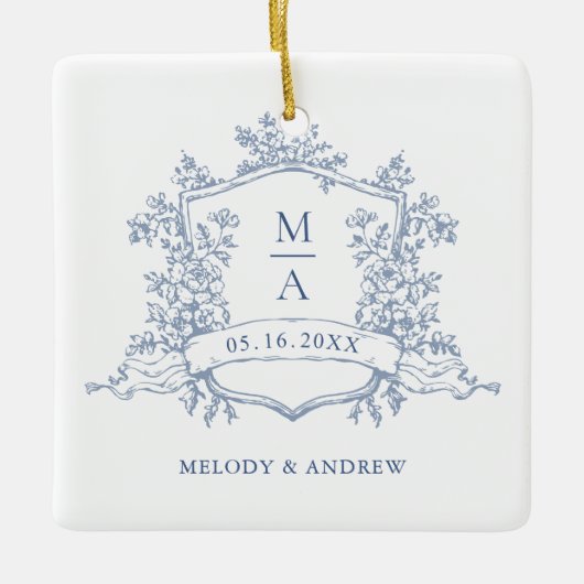 Dusty Blue Classic Floral Crest Wedding Photo  Keramisch Ornament (Voorkant)
