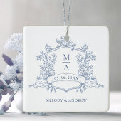 Dusty Blue Classic Floral Crest Wedding Photo  Keramisch Ornament