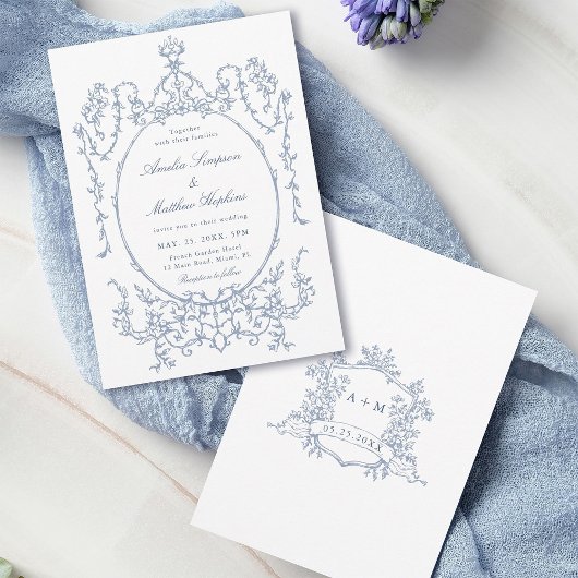 Dusty Blue Classic Floral Frame Wedding            Kaart