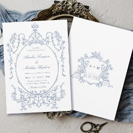 Dusty Blue Classic Floral Frame Wedding            Kaart