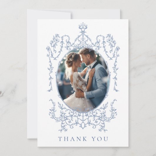 Dusty Blue Classic Floral Frame Wedding Photo      Bedankkaart (Voorkant)