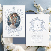 Dusty Blue Classic Floral Frame Wedding Photo      Bedankkaart