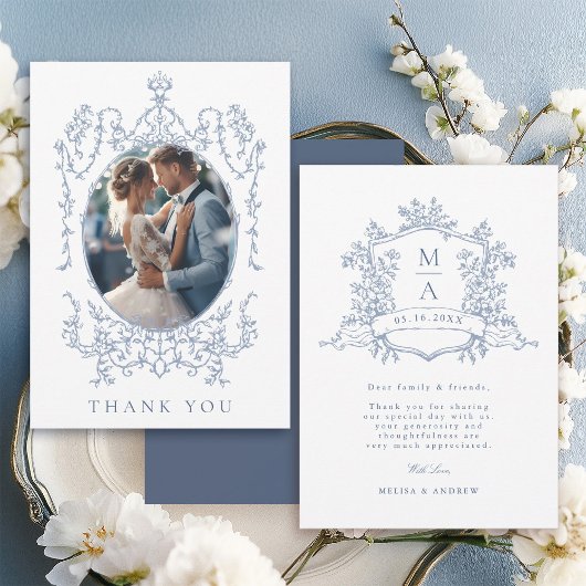 Dusty Blue Classic Floral Frame Wedding Photo      Bedankkaart