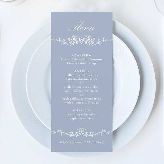 Dusty Blue Classic Franse Bloemenrand Menu