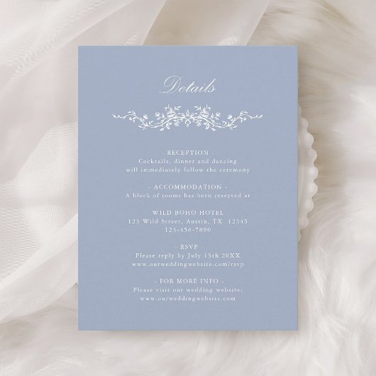 Dusty Blue Classic French Floral Wedding Details Informatiekaartje