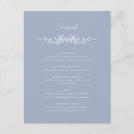 Dusty Blue Classic French Floral Wedding Details Informatiekaartje (Voorkant)