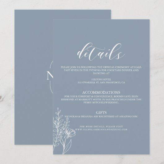 Dusty Blue Classic Minimal Modern Wedding Details Kaart (Voorkant / Achterkant)