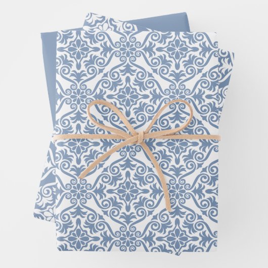 Dusty Blue Classic  naadloos Damask-patroon Inpakpapier Vel (In situ)