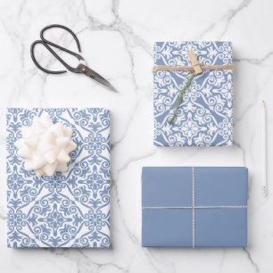 Dusty Blue Classic  naadloos Damask-patroon Inpakpapier Vel