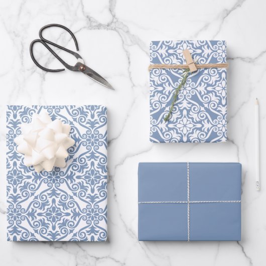 Dusty Blue Classic naadloos Damask-patroon Inpakpapier Vel (Voorkant)